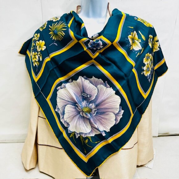 Elegant Italy Scarf FranchinoSilk Teal Blue Gold PurpleFloral31" x31" (23